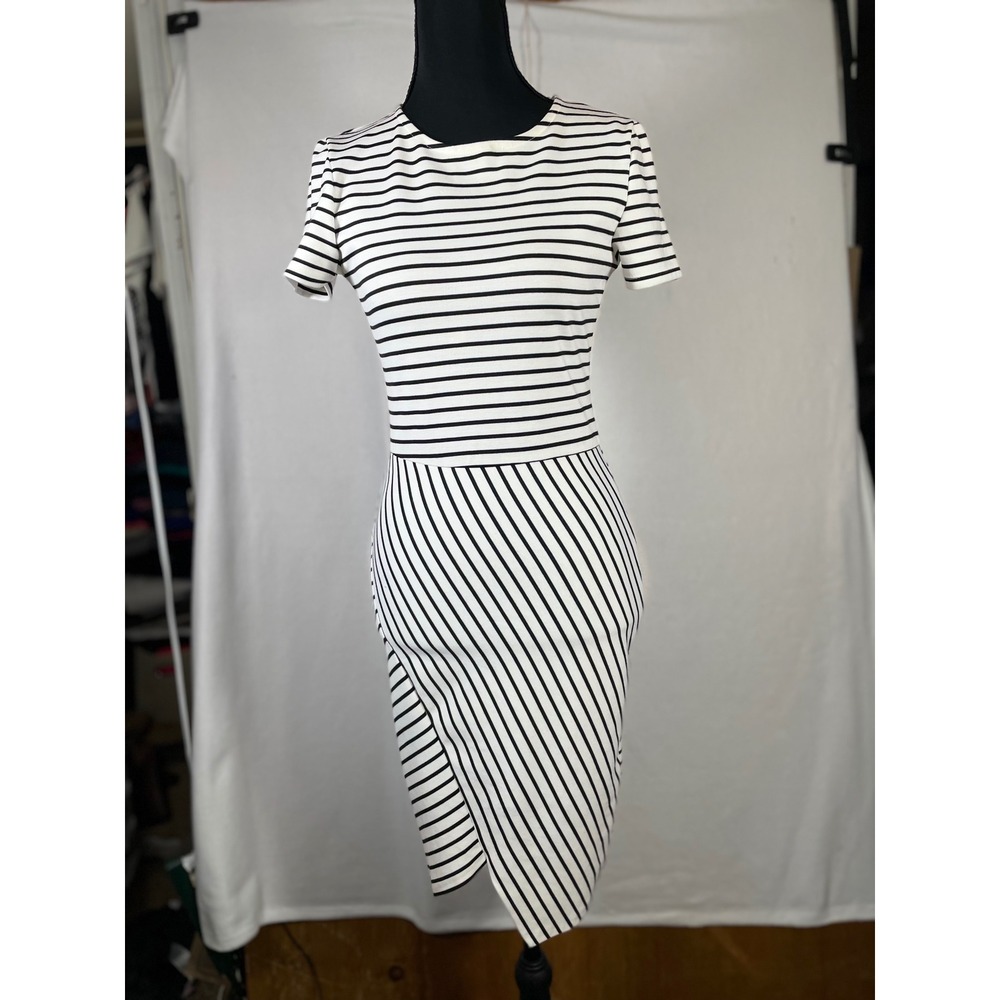ZARA Trafaluc Bodycon Striped Midi Dress Women S Black White Short Sleeve Sheath - Picture 10 of 10